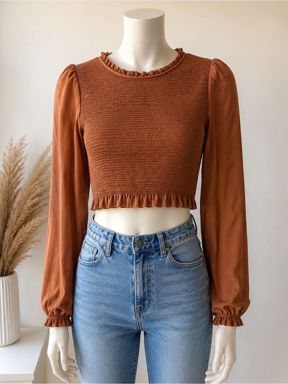 Wilfred Rust Brown Smocked Long Sleeve Crop Top